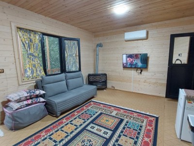 کلبی چوبی با منظره کوه و جنگل